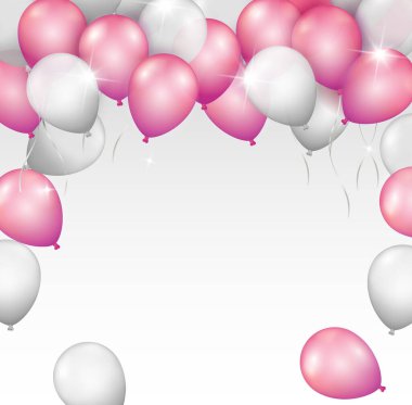 Beyaz arkaplan üzerine yazdığınız metin için alanı olan parlak pembe ve gümüş balon çerçeve taşıyıcı