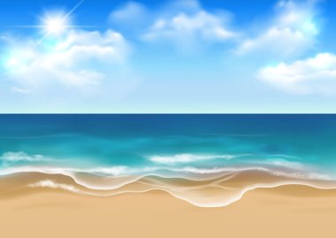 Mavi gökyüzü ve bulutlu gerçekçi güneşli plaj manzarası