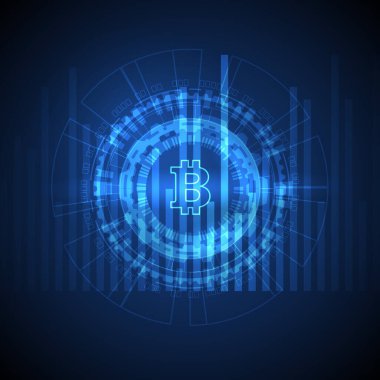 Bitcoin sembollü mavi soyut vektör kripto para birimi temalı resimleme