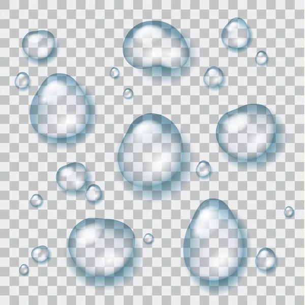 Vector Set Shiny Clear Transparent Water Drops Isolated Checkered Background — Stock Vector