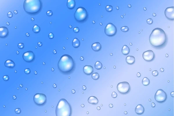 Векторные Блестящие Капли Прозрачной Воды Стекле Голубым Фоном — стоковый вектор