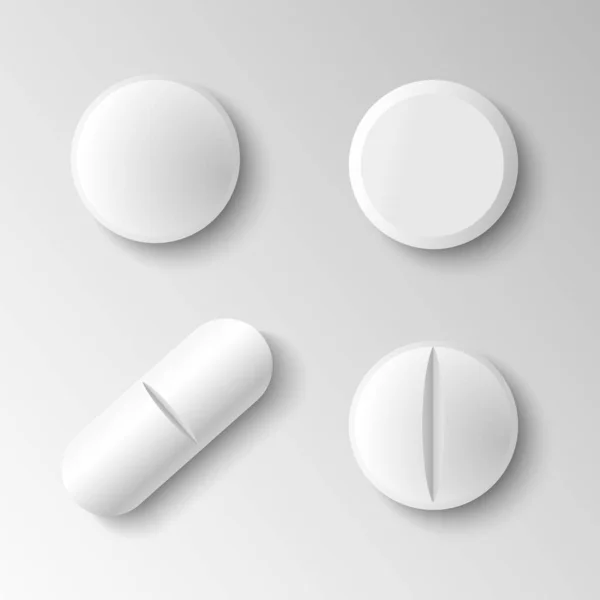 一套四种不同的病媒现实的白色药丸 在灰色背景下分离 — 图库矢量图片