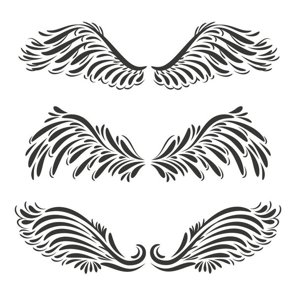 Set of three vector decorative angel or bird wings design - illustration or tatto design