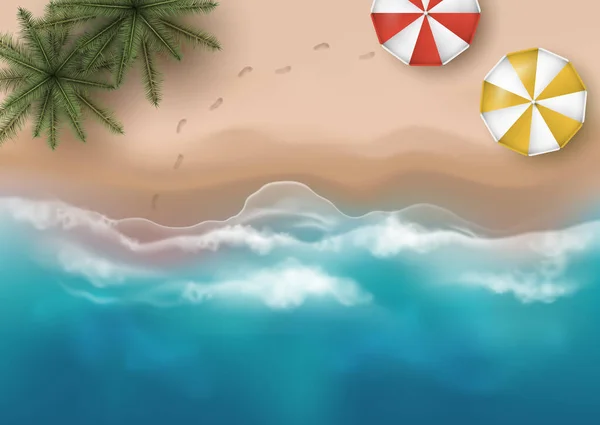 Vector Mooi Bovenaanzicht Illustratie Van Zandstrand Met Palmbomen Parasols Voetafdrukken — Stockvector