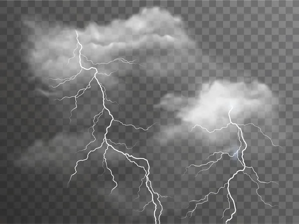 Vetor Realista Nuvens Tempestuosas Com Efeitos Raios Isolados Fundo Escuro — Vetor de Stock