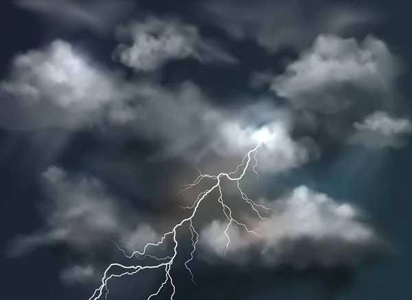 Vector Realistic Dark Stormy Sky Clouds Lightning Bolt — Stock Vector