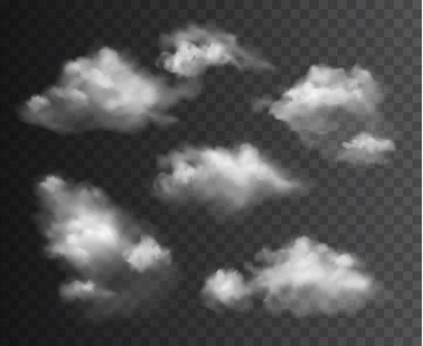 Colección Vectorial Nubes Transparentes Suaves Realistas Aisladas Sobre Fondo Oscuro — Vector de stock
