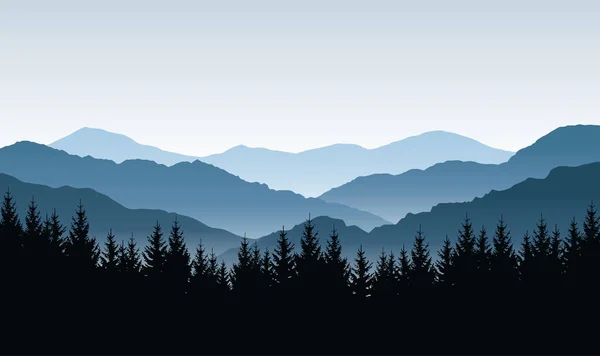 Vector Blue Panoramic Landscape Silhouettes Mountains Forest — Stock Vector