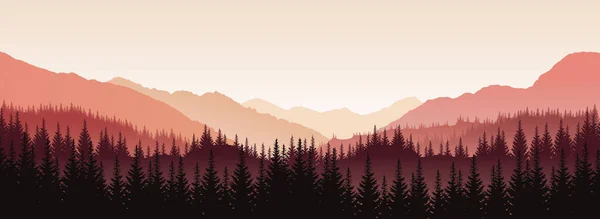 Ağaçların ve tepelerin kırmızı siluetleriyle vektör panoramik manzara