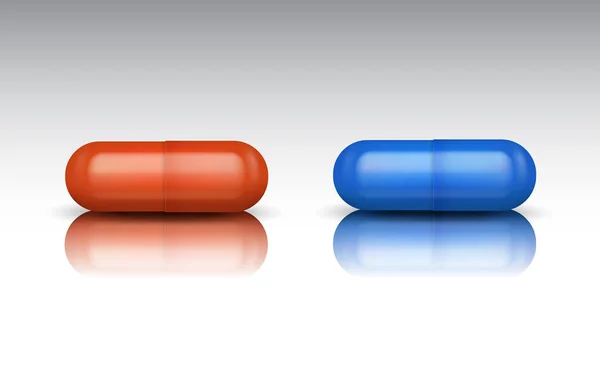 Vektor Realisztikus Kék Piros Kapszula Tabletták Reflexióval — Stock Vector