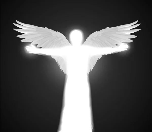 Figura Ángel Brillante Blanco Vectorial Con Alas Manos Extendidas Sobre — Vector de stock