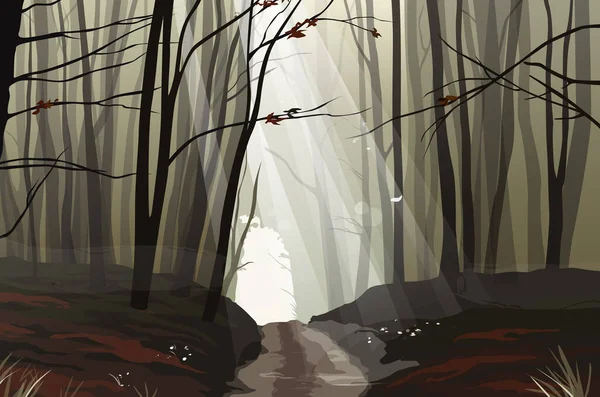 Таємничий Ліс Силуетами Дерев Гілок Шляхом Променями Світла Векторні Ілюстрації — стоковий вектор