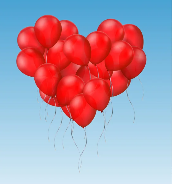 Mavi Gökyüzünde Uçan Kalp Şeklinde Kırmızı Parlak Balonlardan Oluşan Bir — Stok Vektör
