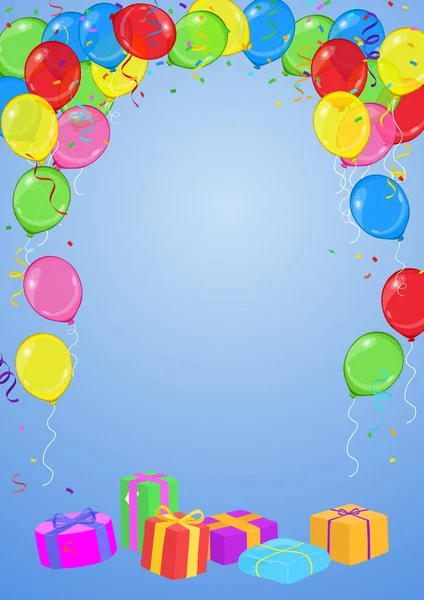 Vektoros Születésnapi Vagy Party Meghívó Léggömbökkel Szalagokkal Konfettivel Ajándékokkal Kék — Stock Vector