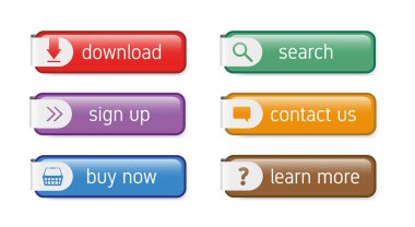 Beyaz arkaplanda izole edilmiş web sitesi için altı renkli plastik düğme seti