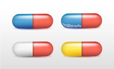 Beyaz arkaplanda izole edilmiş gölgeli parlak renkli kapsüller