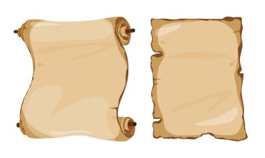 Beyaz zemin üzerinde izole edilmiş antik parşömen ve kağıt vektör karikatür kümesi