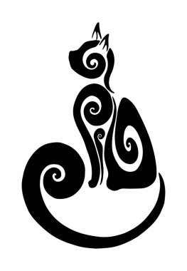 Siyah vektör süslemeli kedi çizimi veya dövme tasarımı beyaz arkaplanda izole