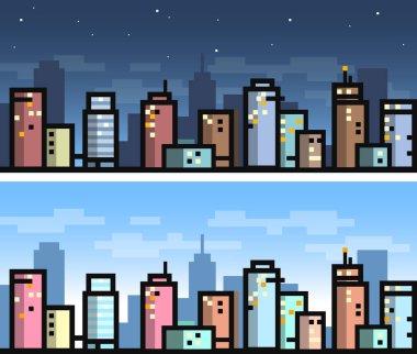 Oyun arkaplanı için vektör sade şehir peyzajı - gündüz ve gece versiyonu