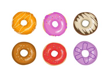 Beyaz arka planda izole edilmiş renkli lezzetli çizgi film vektör çörekleri.