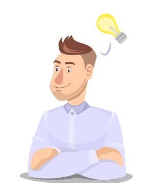 Beyaz zemin üzerinde izole edilmiş yeni fikir veya çözüme sahip düz vektör iş adamı çizgi film karakteri