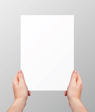 Vektör gerçekçi elleri gri arkaplanda izole edilmiş boş kağıt sayfa tutuyor