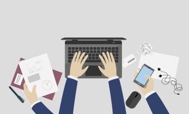 Elleri çeşitli görevler, dizüstü bilgisayarlar, belgeler, belgeler, belgeler ve telefon yapan işadamlarının iş yerlerinin düz tasarım çizimi