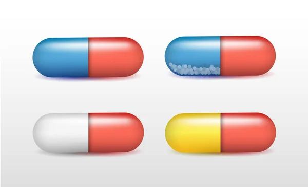 Cápsulas Coloridas Brilhantes Realistas Vetoriais Com Sombra Isolada Fundo Branco —  Vetores de Stock