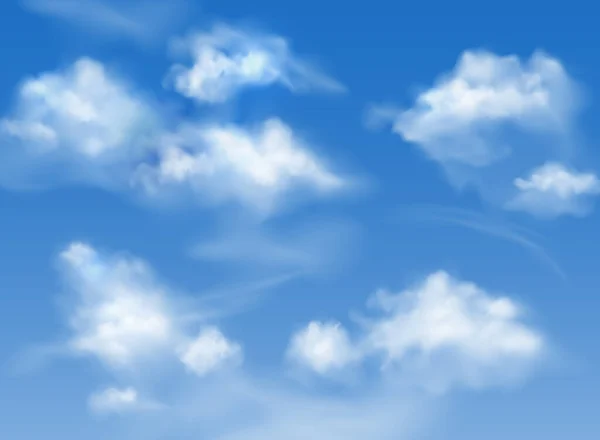 Vector Realista Suave Nubes Esponjosas Rastros Avión Cielo Azul — Vector de stock