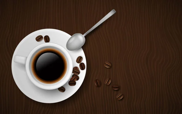 Vektor Realistisk Kopp Kaffe Träbord Med Sked Kaffebönor Och Utrymme — Stock vektor