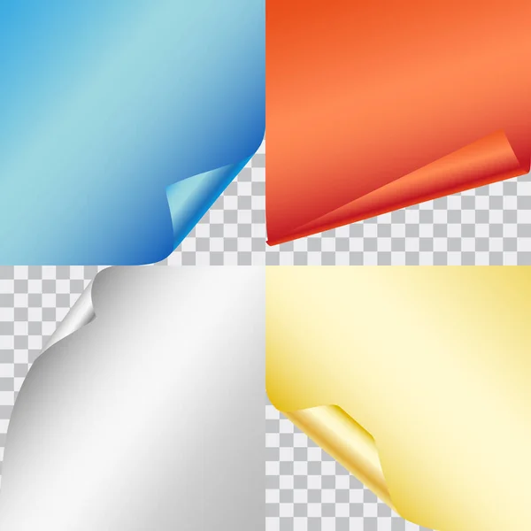 Set Four Vector Colorful Shiny Papers Curled Corners Isolated Transparent — Stock Vector