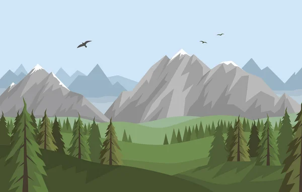 Вектор Плоский Літній Пейзаж Красивими Горами Лісом — стоковий вектор