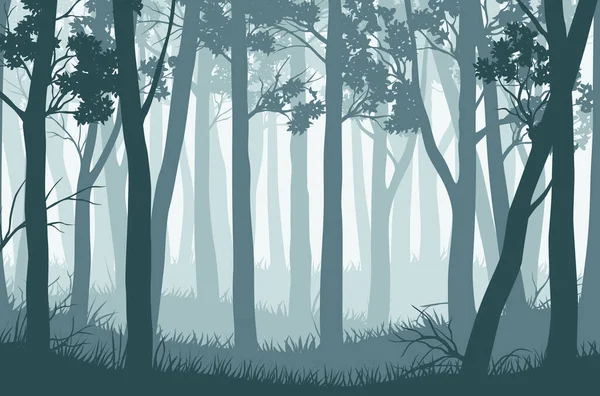 Sisli ormanda ağaç siluetleriyle vektör mavisi manzara 