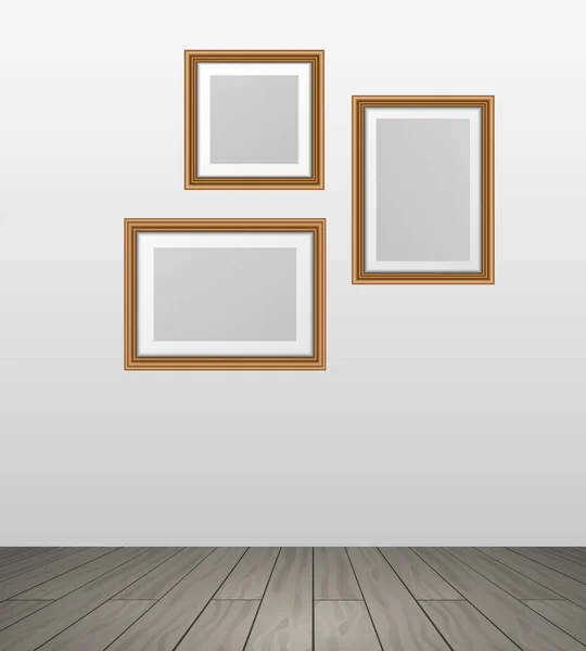 Vector Realistic Wooden Photo Frames Hanging Wall Room Woth Parquet — Stock Vector