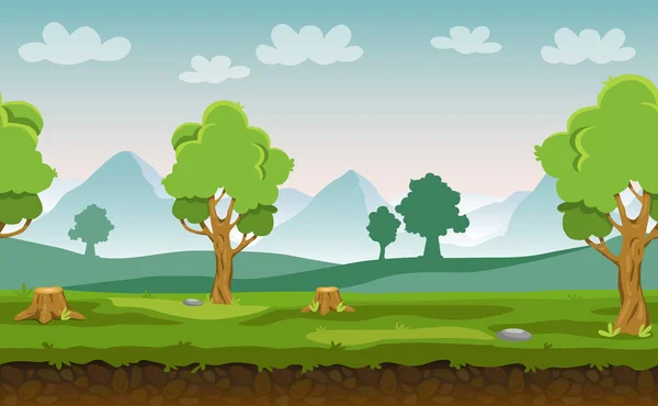 Flache Cartoon Vektor Nahtlose Landschaft Mit Bäumen Hügeln Und Bergen — Stockvektor