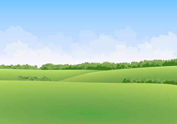 Green summer vector landscape with meadows and trees in the background with clouds in blue sky