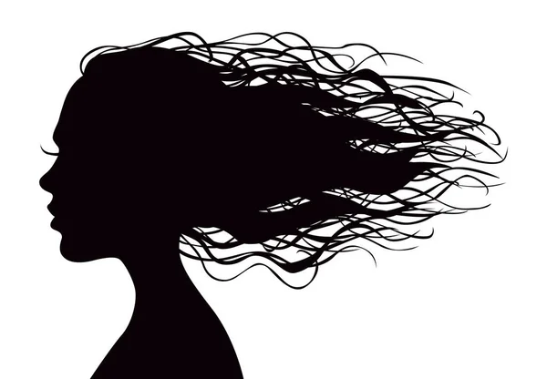 Schwarzer Vektor Schöne Frauenporträt Silhouette Mit Langen Wallenden Haaren — Stockvektor
