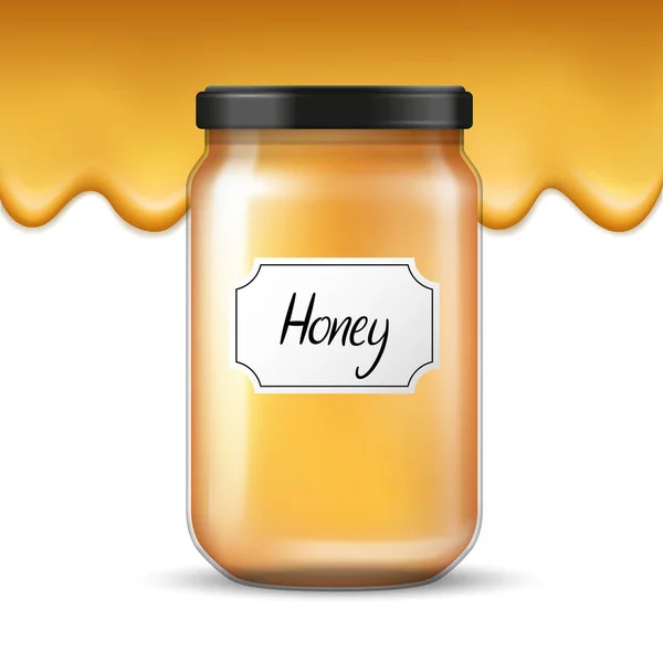 Vector Realistic Glass Jar Honey Flowing Honey Border Background — Stock Vector