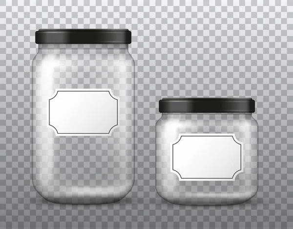 Vector Realistic Transparent Big Small Glass Jar Blank Label Isolated — Stock Vector