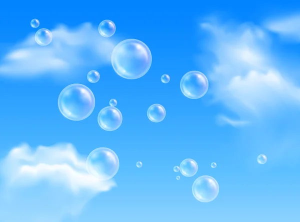 蓝天背景上带白云的矢量透明飞行肥皂泡 — 图库矢量图片#