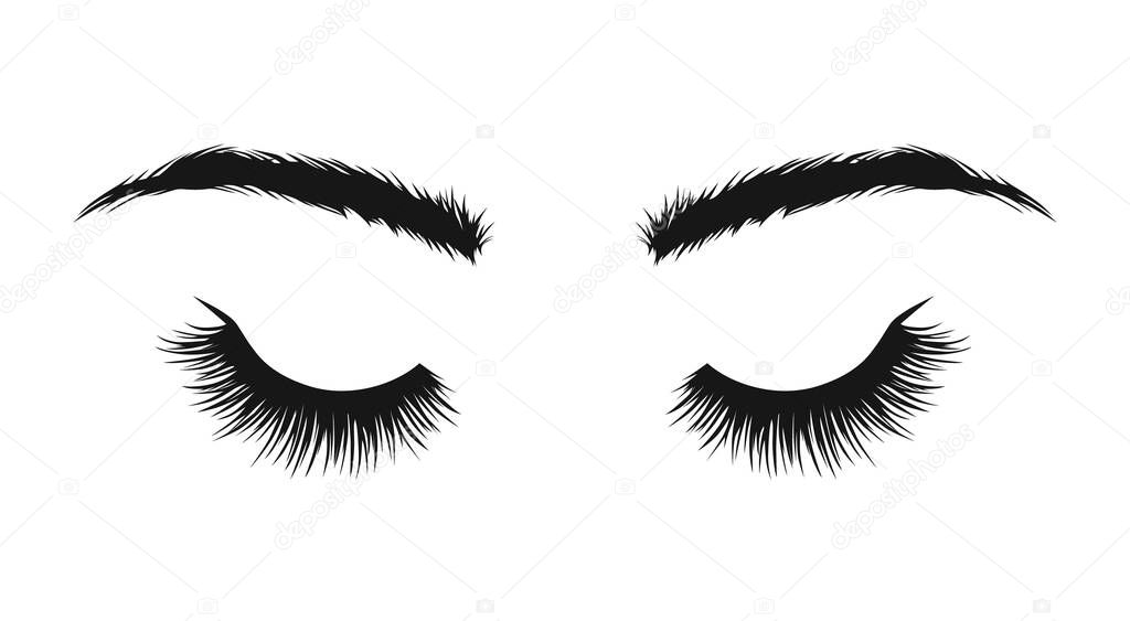 Vector black beautiful simple lashes and brows drawing isolated on white background