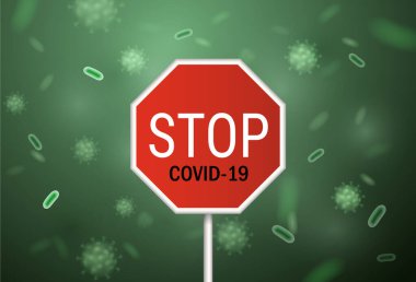 Arkaplanda soyut yeşil virüs hücreleri olan koronavirüsü durdur
