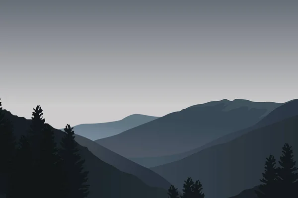 Paysage Aux Silhouettes Bleu Foncé Montagnes Collines Arbres Illustration Vectorielle — Image vectorielle