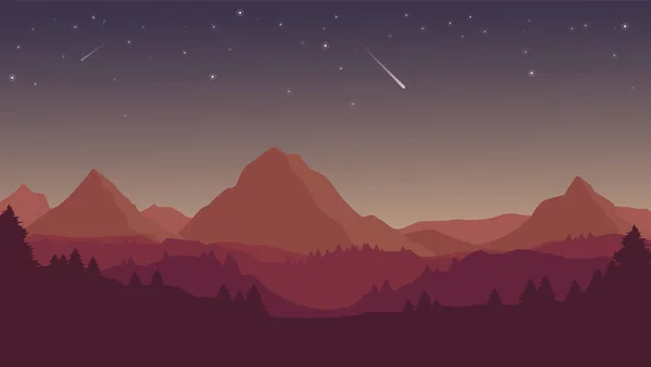 Векторный Плоский Мультяшный Ночной Пейзаж Красными Фиолетовыми Силуэтами Гор Холмов — стоковый вектор