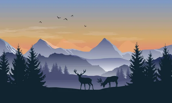 Vector blue and orange landscape with sunset view of silhouettes of mountains, hills and forest and two deer