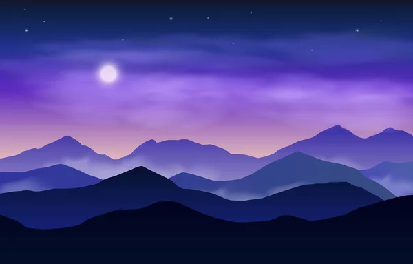 Vetor Noite Paisagem Noturna Com Silhuetas Azuis Violetas Montanhas Céu — Vetor de Stock