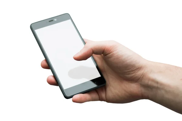 Fechar Mão Homem Segurando Telefone Com Display Branco Fundo Branco — Fotografia de Stock