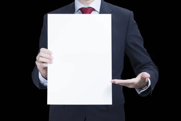 Photo Businessman Wearing Suit Presenting Blank Poster Black Background — Stock Photo, Image