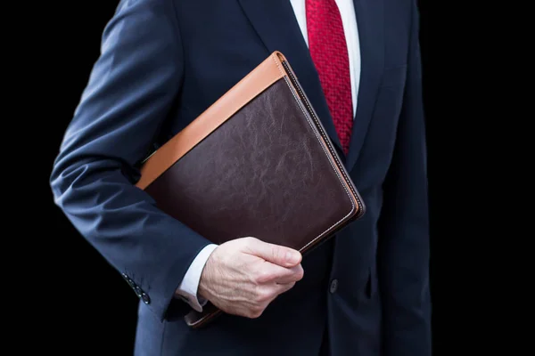 Close Businessman Wearing Suit Holding Documents Black Background — Stock Photo, Image