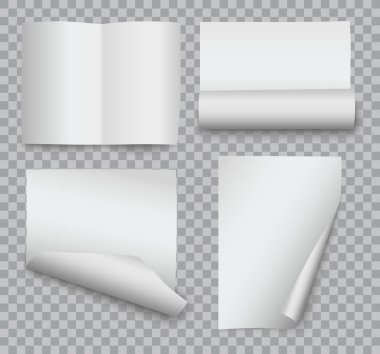 Şeffaf arkaplan üzerinde kıvrımlı köşeleri ve katlanmış kenarları olan gerçekçi vektör kağıt sayfaları
